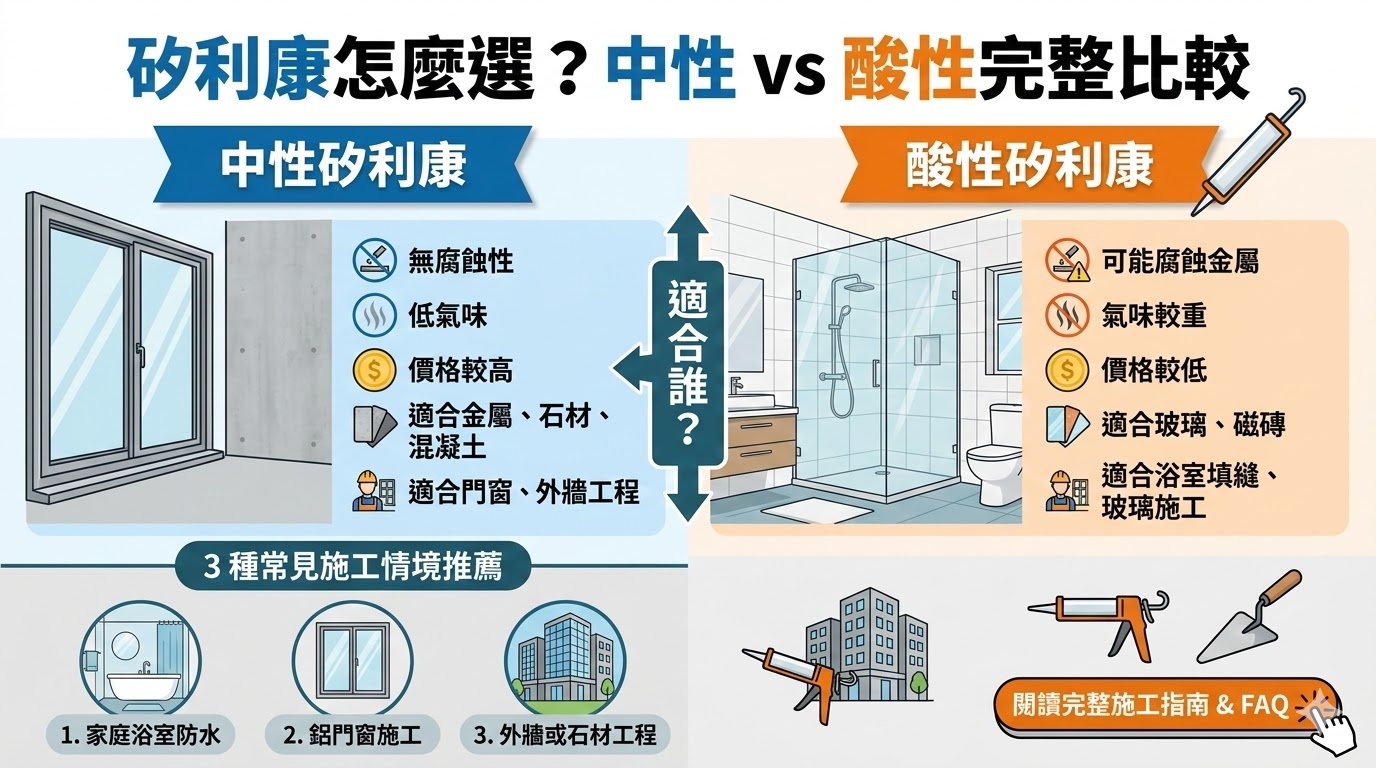 在居家修繕或建築工程中，選擇正確種類的矽利康是確保防水效果與延長結構壽命的關鍵。本文深入解析「中性」與「酸性」矽利康的核心差異，從氣味、腐蝕性、乾燥速度到適用材料進行全方位對比。無論您是需要浴室玻璃填縫，還是鋁門窗與金屬建材的密封工程，都能從中獲得最精準的材質選擇建議。掌握專業施工流程並避開常見填縫錯誤，讓您在家也能輕鬆應對各種防水填縫需求。